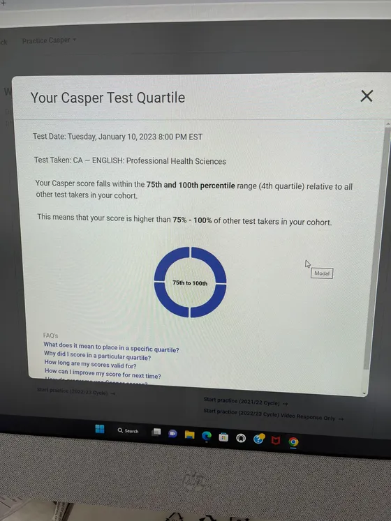 Arvin's official CASPer score report showing the 4th quartile, 75th to 100th percentile